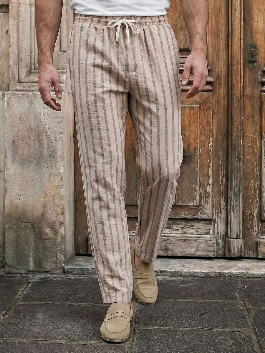 HIMLAND 男士咖啡棕色条纹梭织阔腿七分裤，带口袋，魅力迪斯科风格修身款