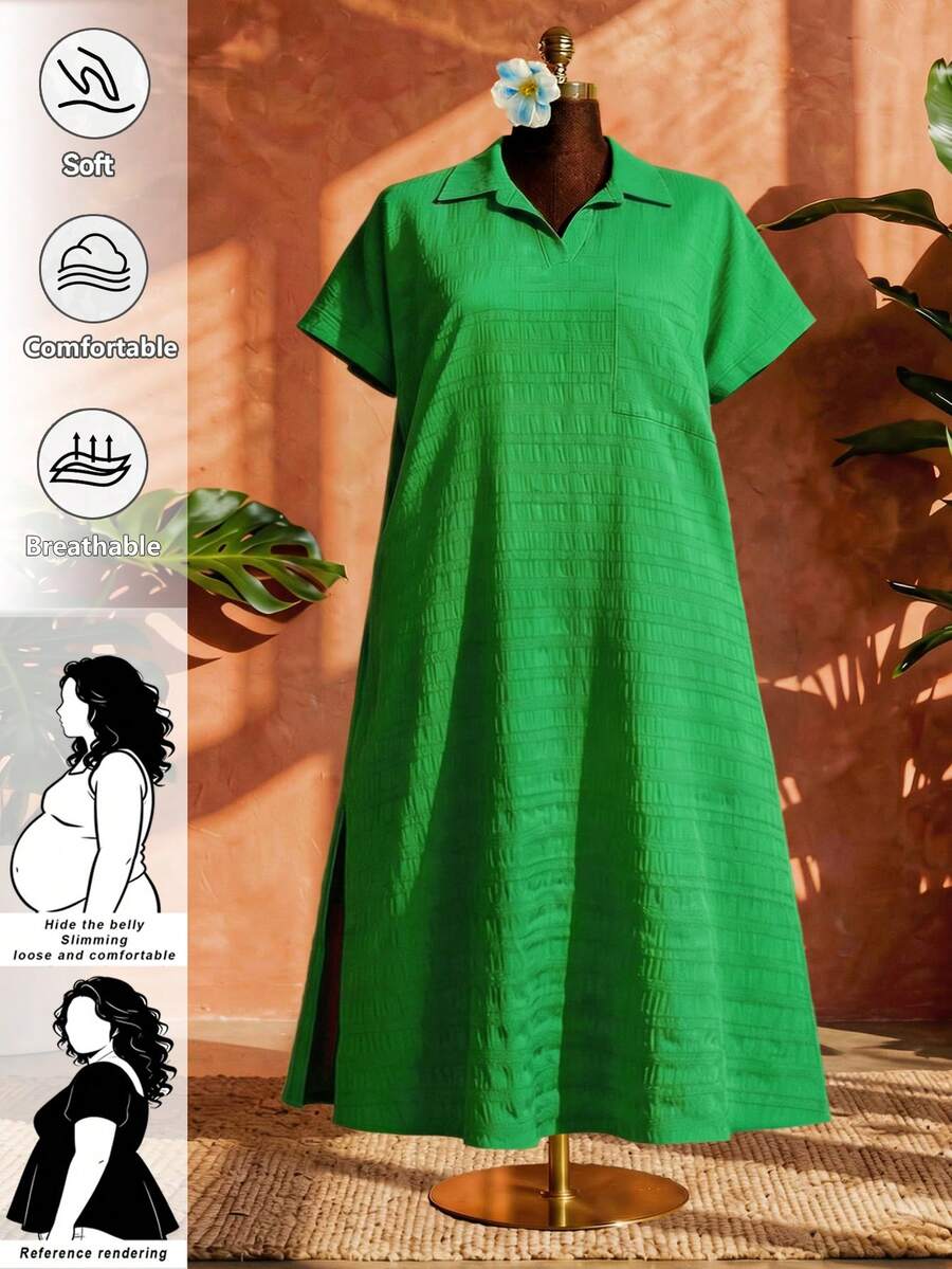 SHEIN CURVE+ Curve 尺码 US22 音乐节、海滨度假、波西米亚风夏季新款休闲通勤日常连衣裙，宽松落肩衬衫领半开襟连衣裙，带口袋和侧开衩，编织纹理面料，长款衬衫裙 - 綠色 - 查看 1