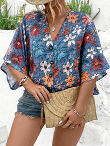 EMERY ROSE Plus Size Women's Elegant Light Blue Digital Print V-Neck Raglan Sleeve Button Decor Summer Boho Vacation Holiday Beach Versatile Blouse Design - Multicolor - View 6