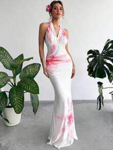 RiviMae 优雅修身鱼尾V领褶裥网纱印花连衣裙，春夏款 - 彩色 - 查看 6