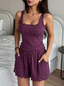DAZY 2pcs Ditsy Floral Comfortable Women Pajama Set - Purple - View 4