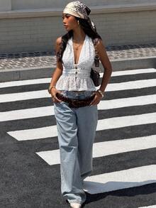 Muchica Top halter sin espalda de punto blanco con adornos de perlas para mujer - Blanco - Ver 3