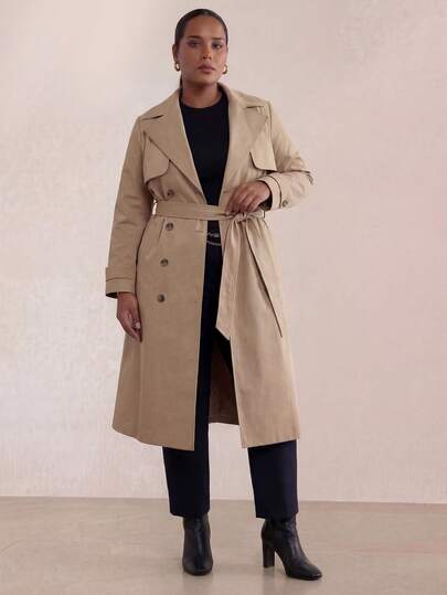  معطف خفيف كحلي فاتح طويل الأكمام مزدوج الصدر متوسط الطول فضفاض من ELLERISSA للمرأة البدينة، بخصر، تفاصيل أزرار، طراز متداخل، معطف مطر، جاكيت مدينة، جاكيت رسمي، ملابس شتوية للنساء