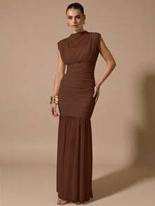 SHEIN BAE 黑色披肩式优雅薄纱褶皱连衣裙，适合浪漫约会、派对、正式聚会、伴娘礼服、女士夏季连衣裙、下午茶会连衣裙、新年、情人节、生日迷你连衣裙、黑色连衣裙 - 棕色 - 查看 6