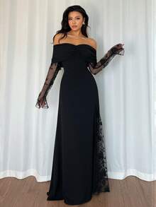 Rafferiza Modisches und würdevolles Damen Kleid, Off-Shoulder Mesh-Einsatz, Langarm und drapiertem Schnitt, geeignet für Partys und Dates - Schwarz - Übersicht 5
