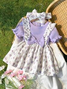 夏季新生女宝宝蓝色泡泡短袖拼接碎花连衣裙和发带，可爱清新甜美 - 紫色 - 查看 1