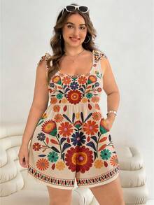 SHEIN EZwear Bộ áo liền quần cỡ lớn dành cho nữ, in họa tiết hoa nhí, kiểu thắt nơ, thích hợp cho kỳ nghỉ hè hoặc ngày Valentine. - Nhiều màu - Xem 3