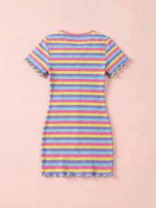 SHEIN Girls Solid Color Round Neck Butterfly Pattern Knit Casual Dress - Multicolor - View 3