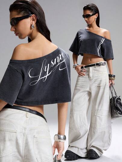 LYSMO Sudadera corta casual de mujer con hombros asimétricos y mangas cortas a rayas