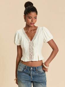 SHEIN TRVLCHIC Women's Elegant Solid Color Lace Patchwork Blouse, Summer,Summer Top - Apricot - View 4