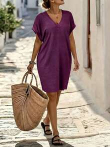 SHEIN LUNE CURVE Plus Size Solid Color V-Neck Roll Up Sleeve Midi Casual Spring Sun Dress - Purple - View 1