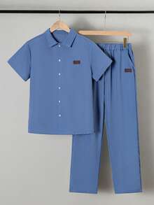Vacaura 2 piezas Conjunto de verano para adolescentes, camisa con botones y pantalones de corte holgado, uso diario casual - Azul - Ver 3