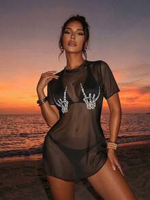 SHEIN Swim SXY Women's Positioning Printed Round Neck Short-Sleeved Cover-Up Dress, Halloween - Black - View 3