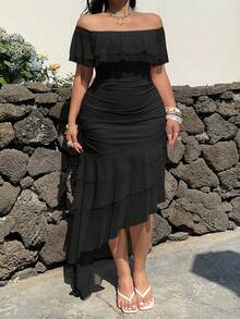 Sunnyshic 大码露肩荷叶边下摆优雅不对称下摆网纱飘逸复古可爱度假婚礼派对连衣裙，粉色 - 黑色 - 查看 5