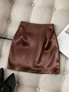 Franclia Chân váy ngắn ôm sát bằng vải satin xếp ly, chân váy cạp cao ôm dáng gợi cảm cho mùa hè - màu nâu - Xem 2