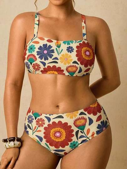 Travachic 大码女式夏季沙滩印花休闲比基尼三角裤泳衣套装