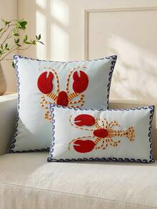1 Piece, Embroidered Lobster Pillow Cover, Nautical Seaside Decoration, Wavy Lace Cushion Cover, Suitable For Sofa Terrace - Red - View 1
