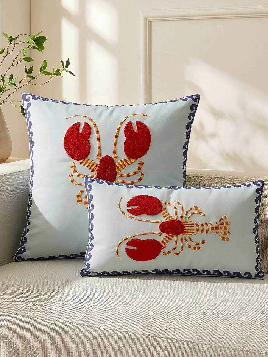 1 Piece, Embroidered Lobster Pillow Cover, Nautical Seaside Decoration, Wavy Lace Cushion Cover, Suitable For Sofa Terrace - Red - View 1