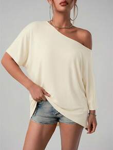 SHEIN ICON Áo thun dáng rộng phong cách đường phố Mỹ, vai lệch, màu đen trơn. - Vàng nhạt - Xem 6