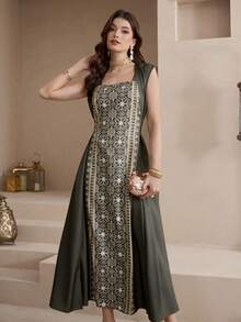 Al Najma Nuevo diseño de vestido casual de fiesta y vacaciones con cintura ceñida y patchwork - Verde - Ver 4