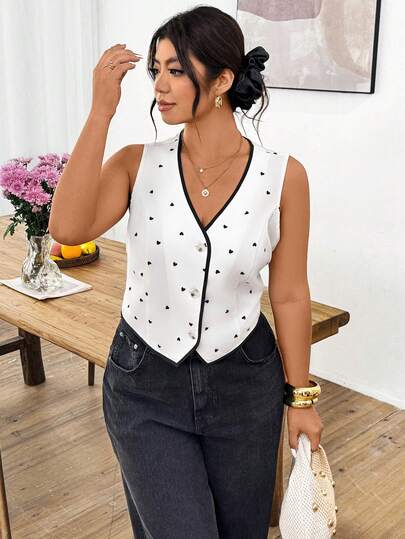 Lounesse Camisa Casual Sem Mangas Feminina Frenchy, Moda Minimalista para Uso Diário, Primavera/Verão, Estampa de Coração, Dia dos Namorados, Romântica e Elegante, Regata