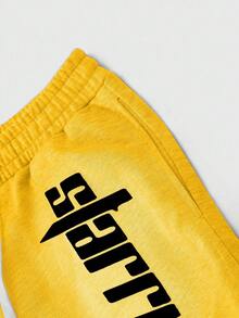 Manfinity Roghcode Plus Size Men's Casual Yellow Summer Streetwear City Break Knit Shorts,Letter & Star Pattern,Elastic Waistband With Drawstring,Pockets,Emo 2000s Style - Yellow - View 4