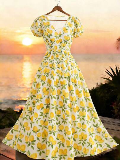 Elenzga Plus Size Lemon Print V-Neck Short Sleeve Dress, Waist Cinched, Slimming, Fresh Summer Dress