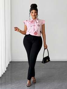 Maweii 女士夏季蝴蝶结无袖荷叶边下摆波点印花A字大码衬衫，优雅百搭，适合日常通勤和浪漫约会 - 粉色 - 查看 6