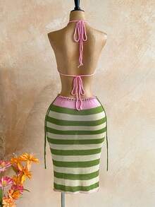Soleia Women's Vacation Beach Beaded Decor Backless Halter Knit Top And Striped Knit Mini Skirt 2 Pieces Set - Multicolor - View 2
