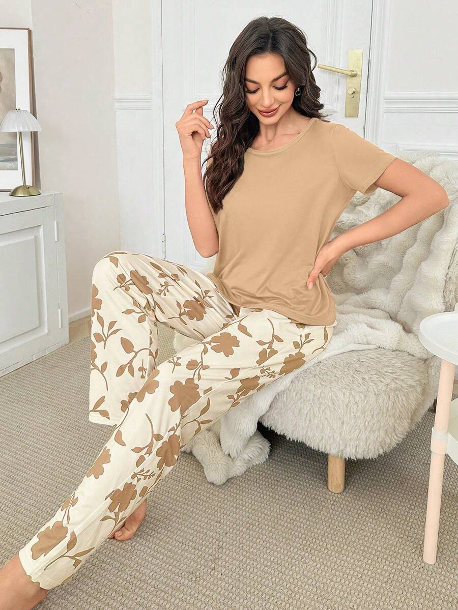 Contrast Color Casual Print Short Sleeve & Pants Women Pajama Set - Khaki - View 1