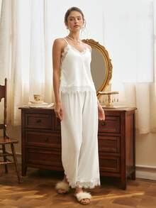 Côtesoire Bộ đồ ngủ hai dây phối ren màu trơn dành cho nữ - trắng - Xem 3