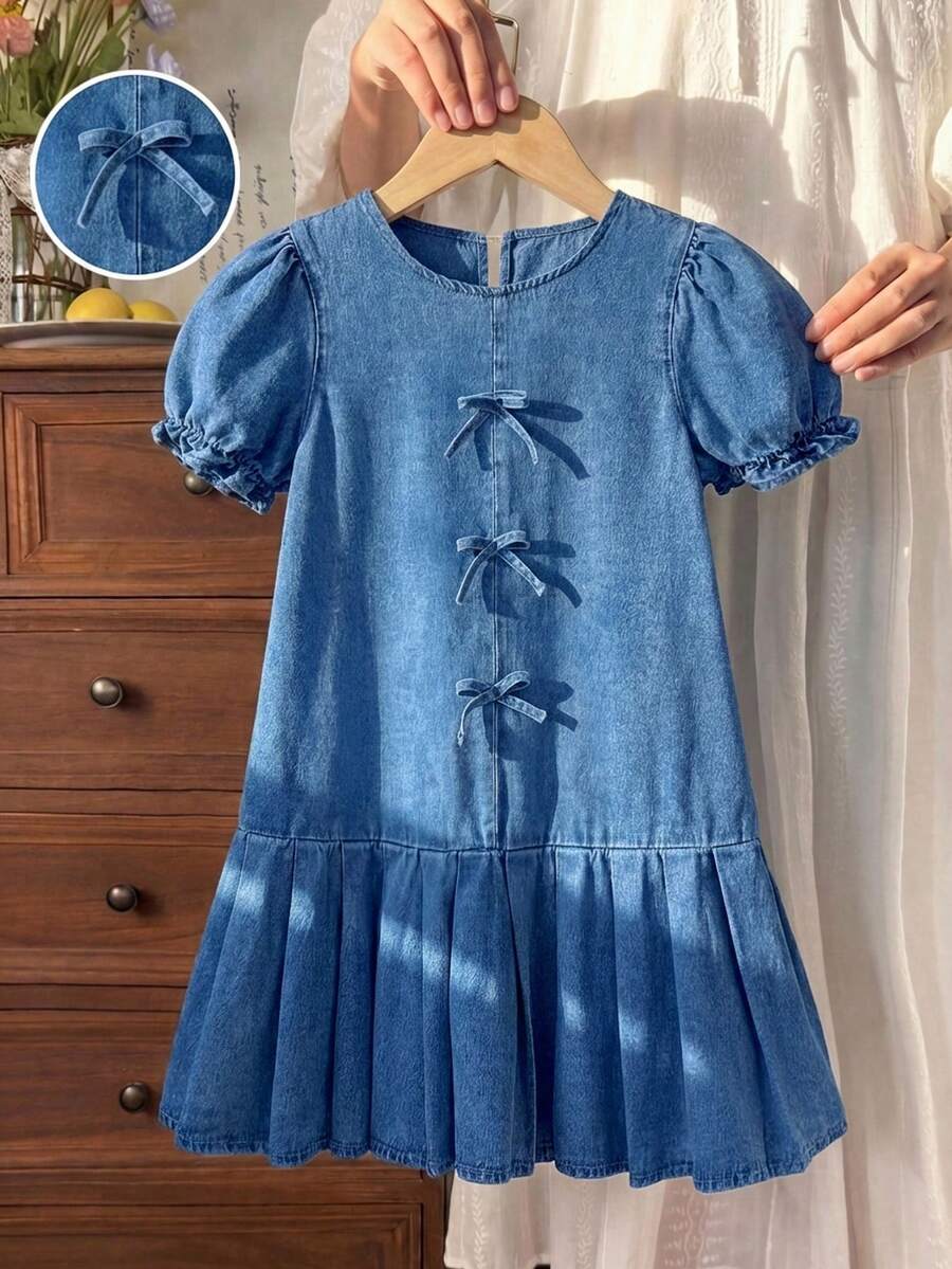 SHEIN Tween Girl Textured Bow Detail Pleated Dress - Medium Wash - View 1