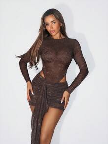 SHEIN ICON Women's Brown Floral Chic Summer Club Night Sheer Round Neck Lace Patchwork Jumpsuit And Mini Skirt 2 Pieces Set,Wedding Guest Party Outfits - Brown - View 10