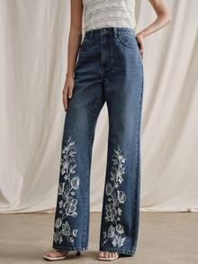 Anewsta Quần jeans ống đứng thêu hoa phong cách lãng mạn mới dành cho nữ, mùa xuân/hè. - Rửa tối - Xem 4
