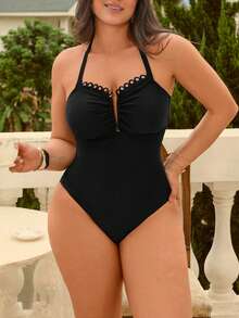 Swim Chiccia Áo tắm đi biển thanh lịch dành cho nữ cỡ lớn, áo tắm đi biển màu đen tôn dáng, áo tắm đi biển họa tiết hoa với viền cúp ngực khoét rỗng, áo tắm liền thân cỡ lớn. - màu đen - Xem 2
