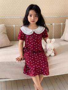 Dazy Kids 少女圓領短袖睡裙家居服 夏季 - 酒紅色 - 查看 6
