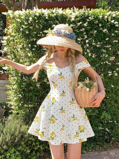 SHEIN MOD Vestido corto para mujer con estampado de lunares y limones con hombros descubiertos