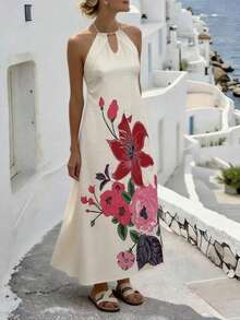 SHEIN Holidaya Summer Vacation Floral Print Beaded Detail Halter Neck Dress - Apricot - View 1