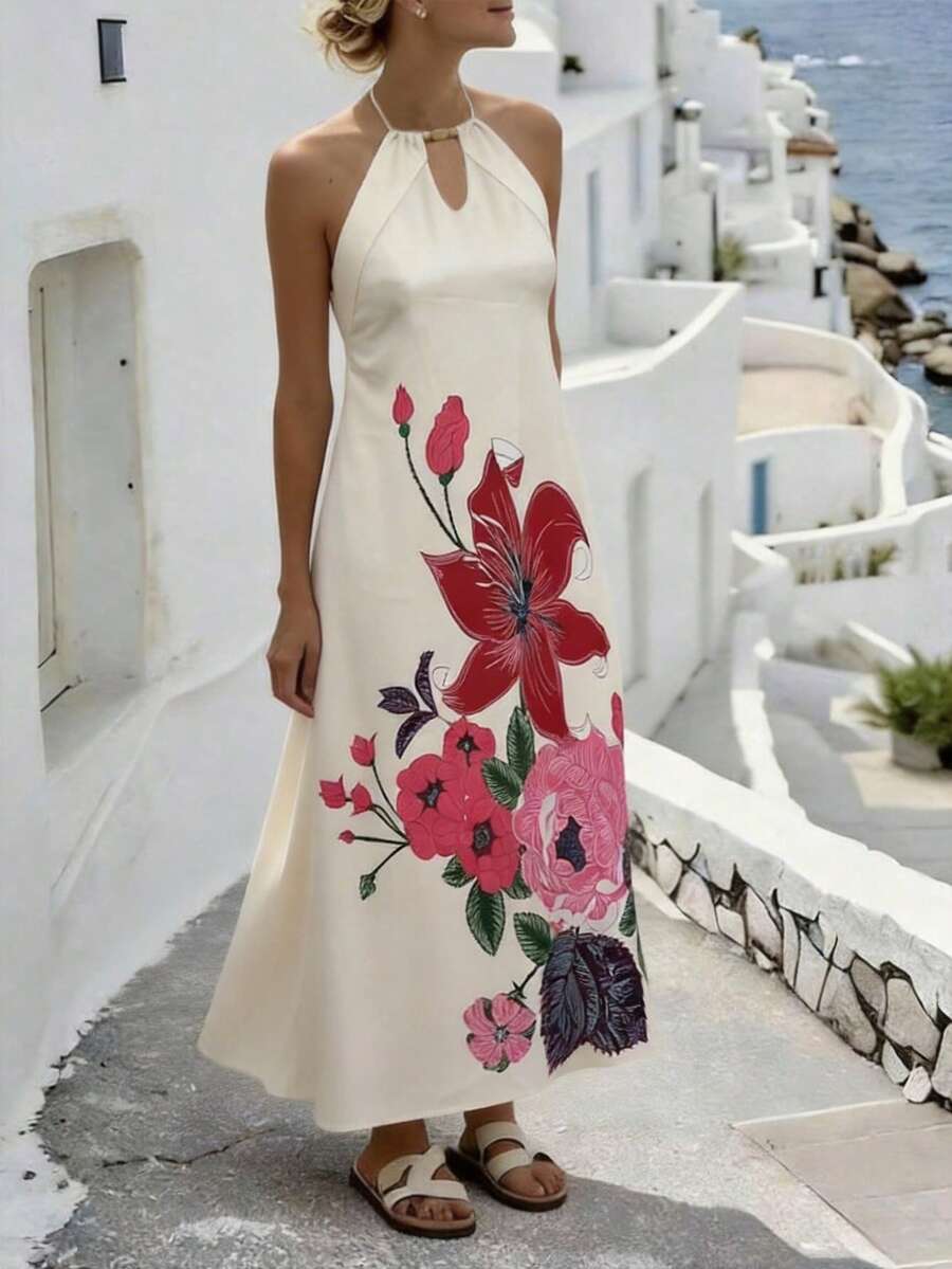 SHEIN Holidaya Summer Vacation Floral Print Beaded Detail Halter Neck Dress - Apricot - View 1