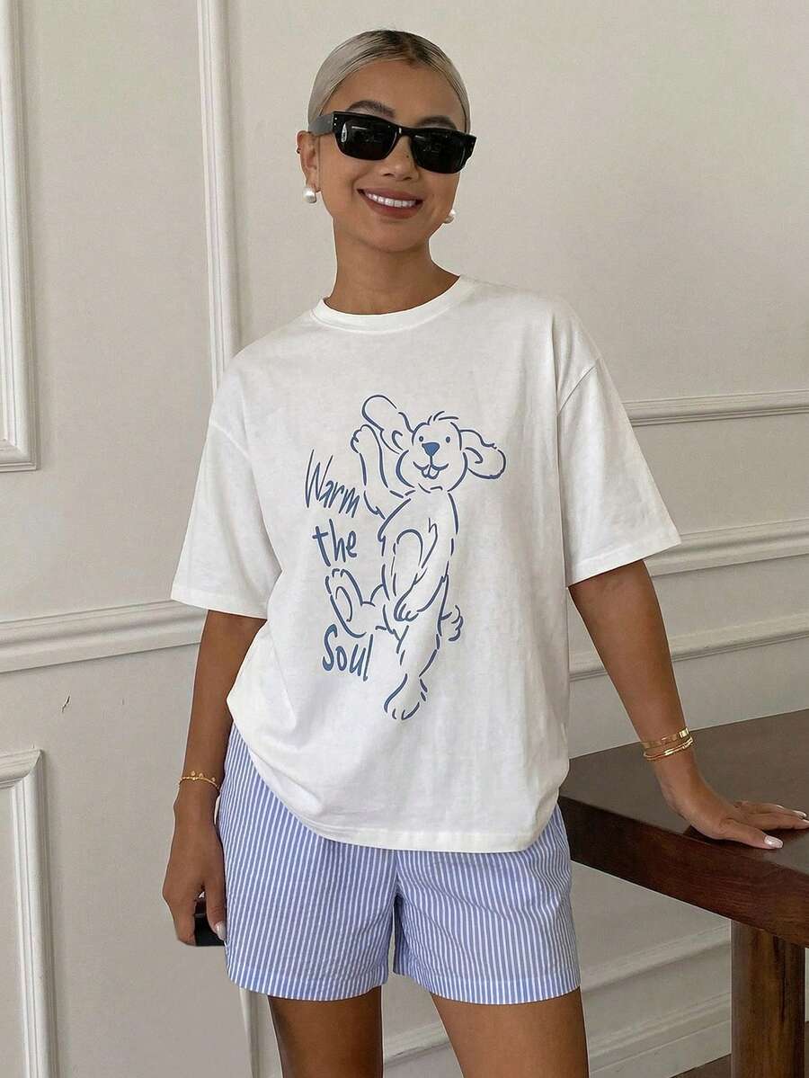 DAZY Cute Puppy Print Loose T-Shirt Graphic Tee & Striped Shorts Pajama Set For Women - White - View 1