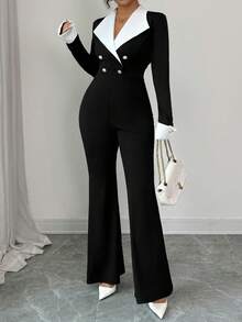 Elenzga Bộ jumpsuit dài tay dáng ôm, ống loe, phối màu, hai hàng cúc, cỡ lớn, thanh lịch, dành cho người có vóc dáng đầy đặn. - màu đen - Xem 5