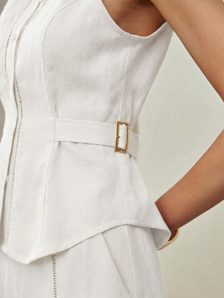 LINEN WAIST METAL BUCKLE STRAP DECOR SLEEVELESS SHIRT, SPRING/SUMMER