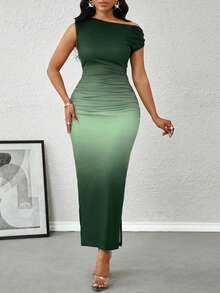 SHEIN Lady Đầm nữ thanh lịch cổ lệch, màu ombre, xẻ tà bên, thích hợp cho sinh nhật & sự kiện mùa hè / công sở / nhà thờ / đám cưới / lễ hội / trang phục công sở thường ngày cho nữ / đầm đi làm cho nữ - màu xanh lá - Xem 7