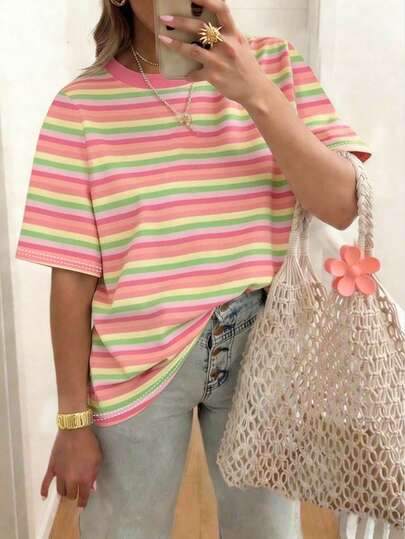 EMERY ROSE Damen gestreiftes Kurzarm T-Shirt, lässige Outdoor-Bekleidung, süßes T-Shirt, Loungewear