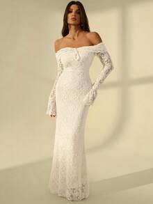 SHEIN Tall Đầm ôm sát tay dài trễ vai thắt nơ phía trước dành cho nữ, đầm dự tiệc năm mới, đầm dự tiệc Valentine. - Màu be - Xem 7