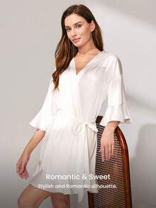 LUVLETTE 夏季奢华白色缎面睡袍 - 荷叶边袖口和水钻点缀裹身裙 魅力高级夏季休闲服 婚礼单品 - 白色 - 查看 3