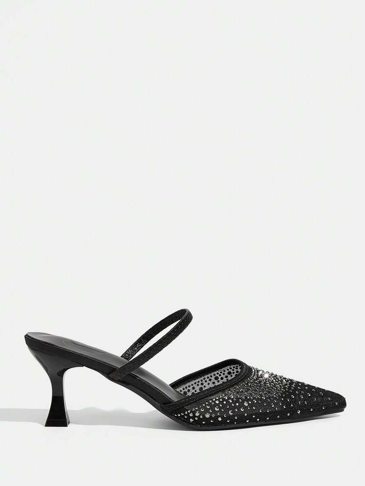 CUCCOO TILAWA Women Shoes Women's Fashion Pointed Rhinestone Black Mesh Splicing Fashion Party Dinner Gorgeous Sexy Kitten Heel Women's High Heel Shoes Mule Shoes