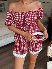 Bộ đồ ngủ nữ dễ thương, tươi tắn với họa tiết kẻ caro, thắt nơ, tay áo kiểu công chúa và quần ống loe, phối bèo nhún tương phản, bộ đồ hai mảnh kẻ caro đỏ cho nữ, bộ đồ mùa hè cho nữ, trang phục mùa hè cho nữ. - Đỏ và trắng - Xem 6