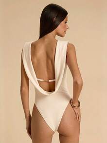 Mono de mujer de unicolor casual con espalda descubierta, decoración de cadena metálica en el cuello, adecuado para playa, vacaciones, resort, trabajo casual, viajes, salidas de ocio, mono marrón, mono elegante y sexy con espalda descubierta - Albaricoque - Ver 2