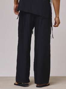 Musero Loose Fit Linen Trouser Pants Elasticated Drawstring Waistband Bottoms Spring Summer Holiday Essentials - Black - View 4